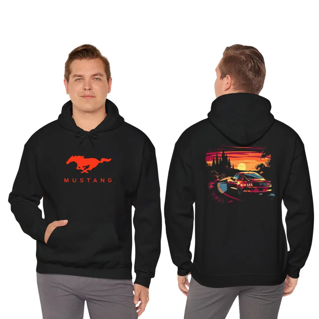 Iconic Ride: Ford Mustang Countryside Road Black Hoodie - Black Threadz