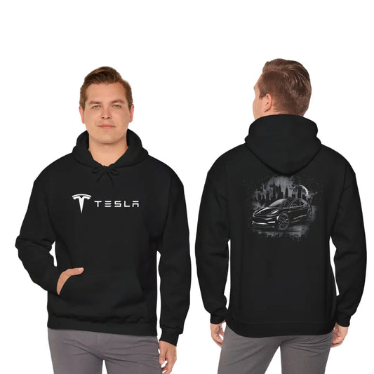 Urban Elegance: Tesla Model 3 Cityscape Black Hoodie - Black Threadz