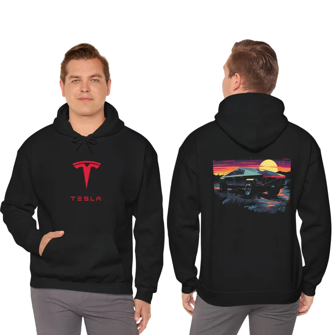 Sleek Style: Tesla Cybertruck on the Countryside Black Hoodie - Black Threadz