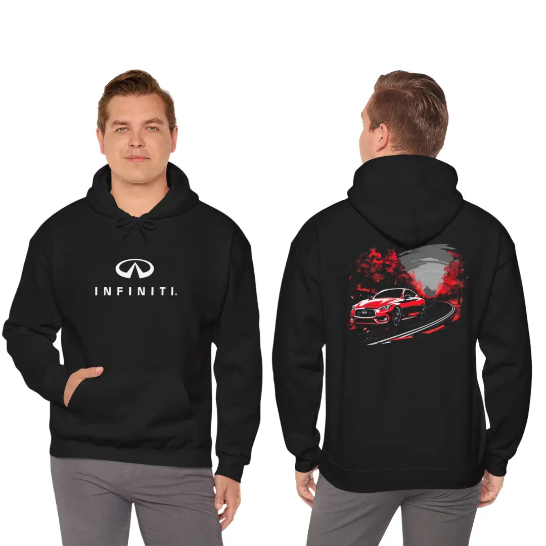 Sleek Sophistication: Red Infiniti Q60 Countryside Drive Black Hoodie - Black Threadz