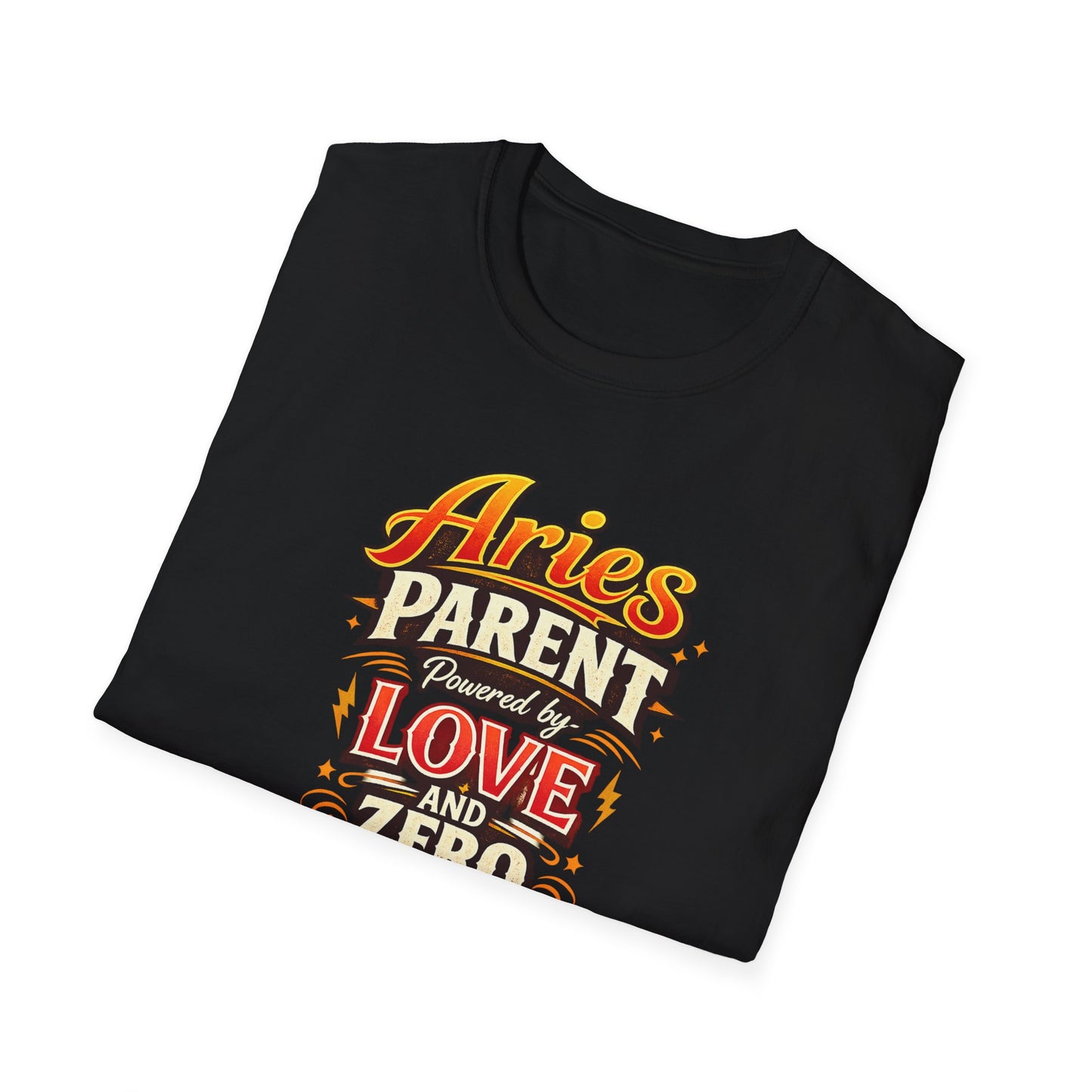 Aries Parent T-Shirt – Powered by Love & Zero Patience Funny Zodiac Mom Dad Tee | Bold Aries Personality Shirt | Astrology Gift