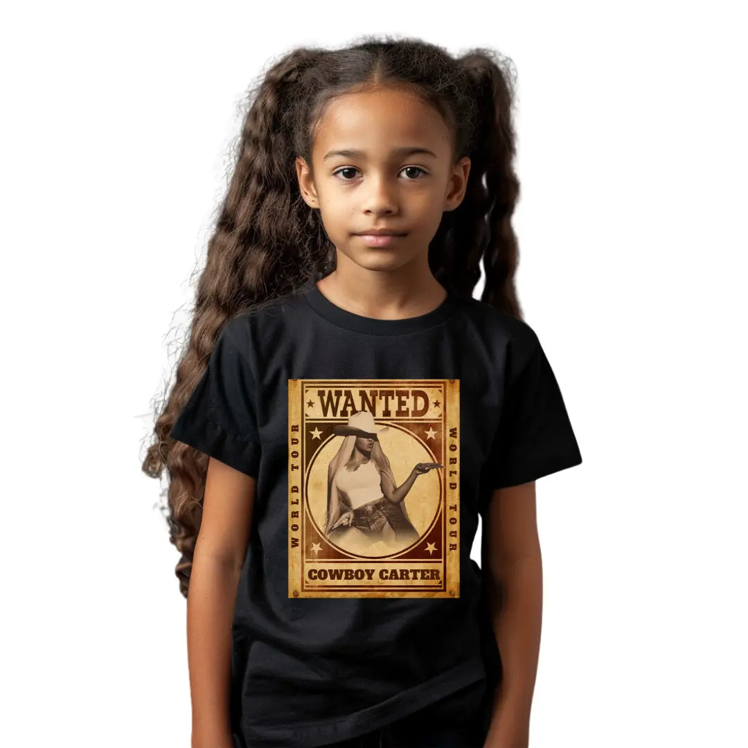 Beyoncé Cowboy Carter World Tour Shirt: Wanted Poster Design - Kid's Black T-shirt - Black Threadz