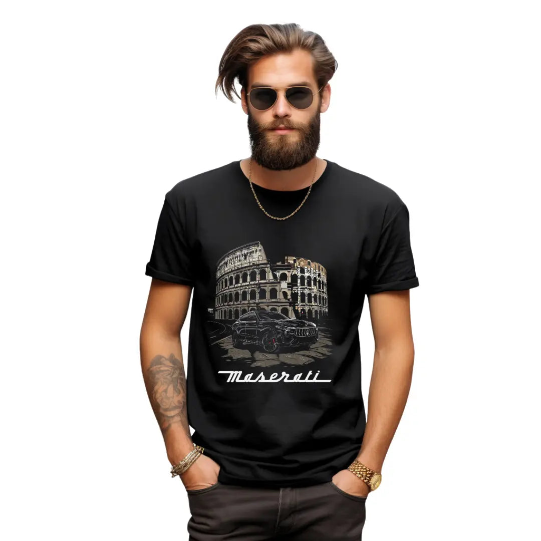 Iconic Elegance: Black Maserati Levante Colosseum Black T-Shirt - Black Threadz