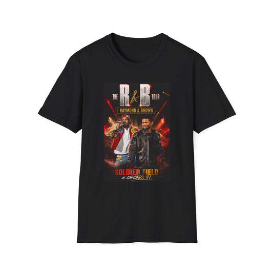 R&B Tour Raymond & Brown Chicago concert t-shirt featuring two male R&B performers with neon stage lighting, bold urban streetwear design, and premium fan merch for Chicago concert attendees