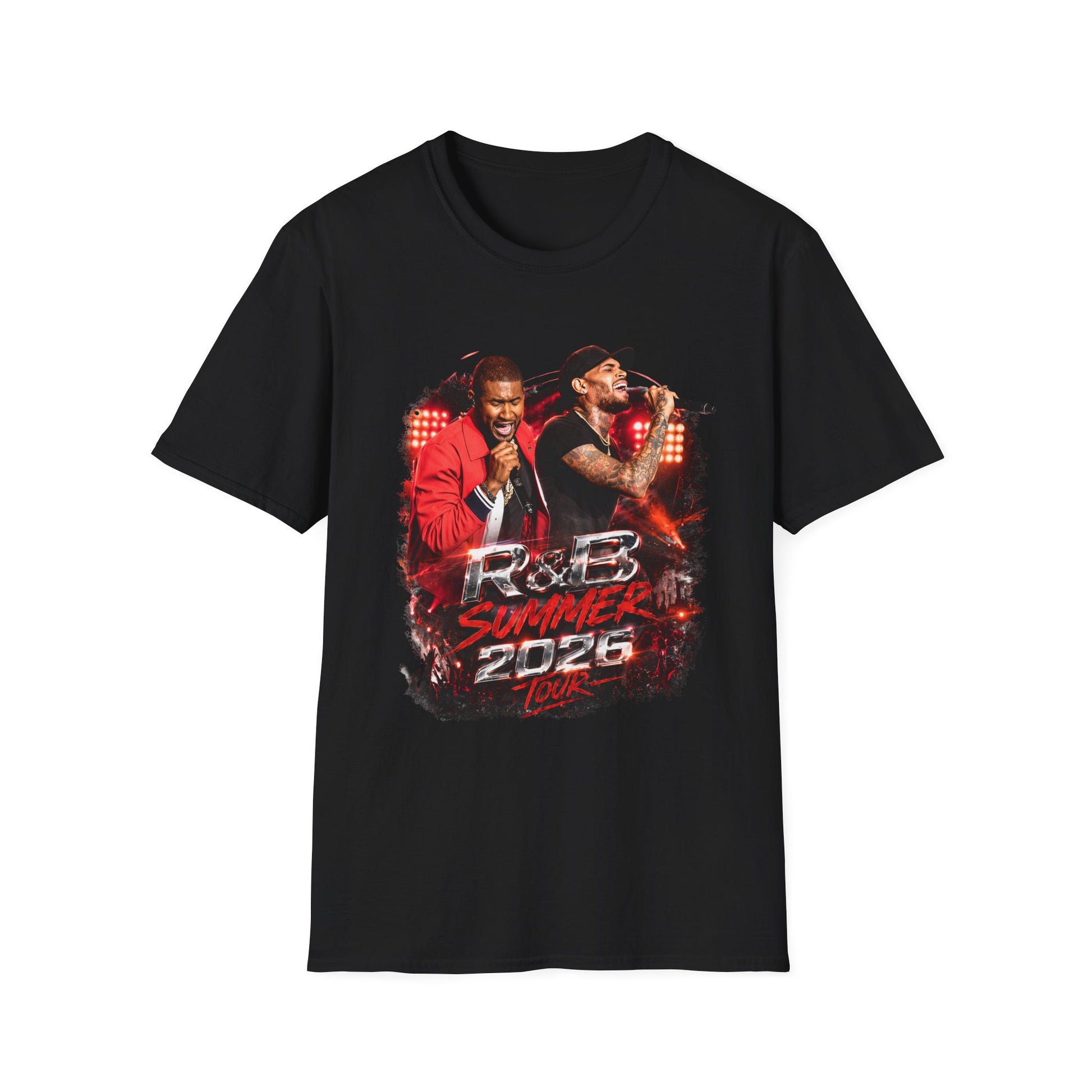 Shop the R&B Tour Raymond & Brown concert t-shirt featuring a bold urban streetwear design with neon stage lighting. Perfect fan merch for concerts, festivals, and everyday style.
