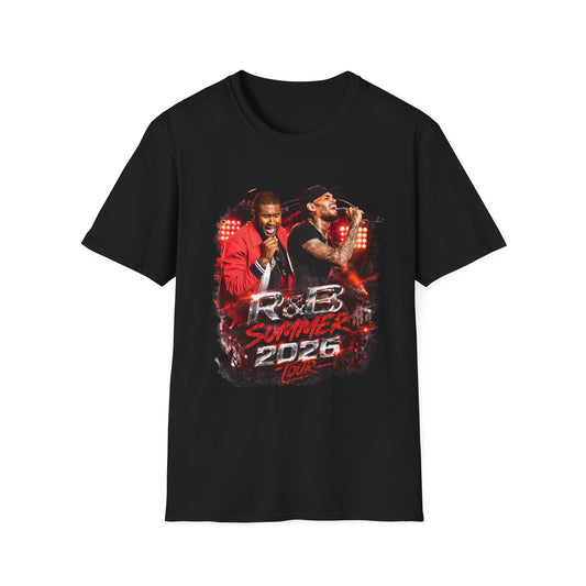 Shop the R&B Tour Raymond & Brown concert t-shirt featuring a bold urban streetwear design with neon stage lighting. Perfect fan merch for concerts, festivals, and everyday style.