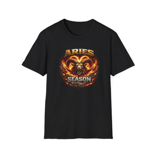 Black t-shirt with Aries zodiac sign design on a white background