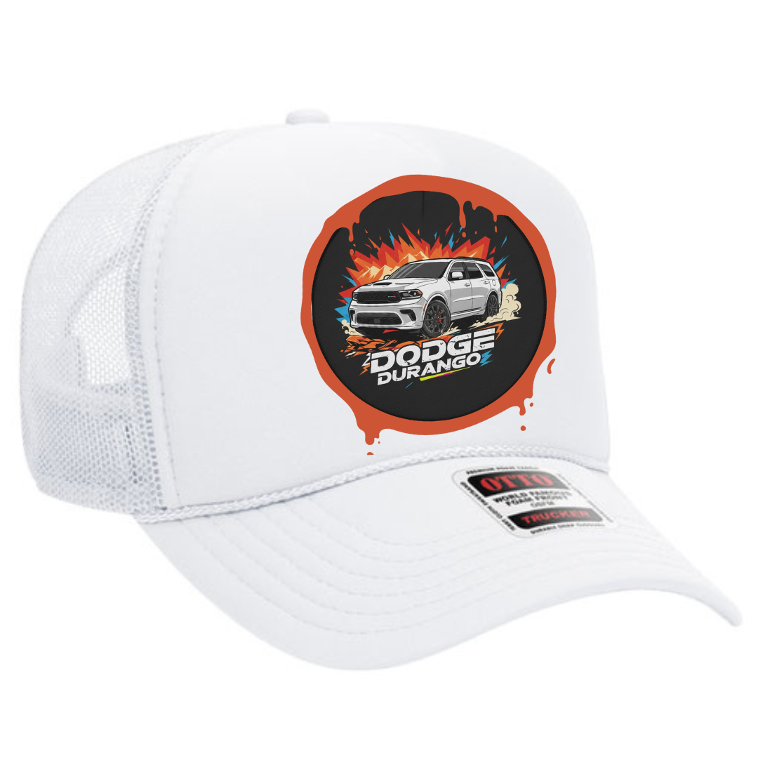 Side angle of Dodge Durango snapback trucker hat showing structured front panel