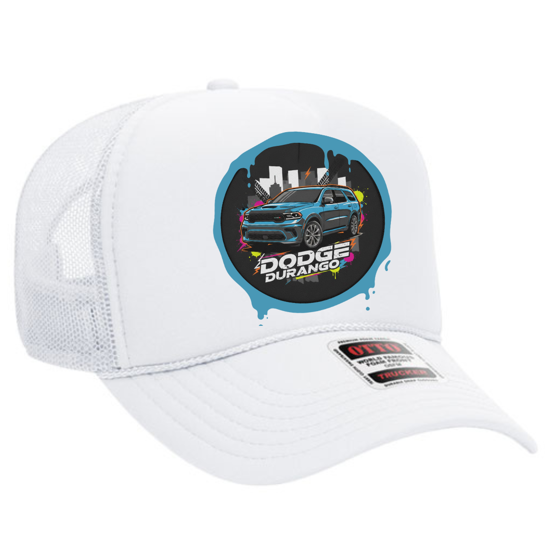 Side angle of Dodge Durango snapback trucker hat showing structured front panel