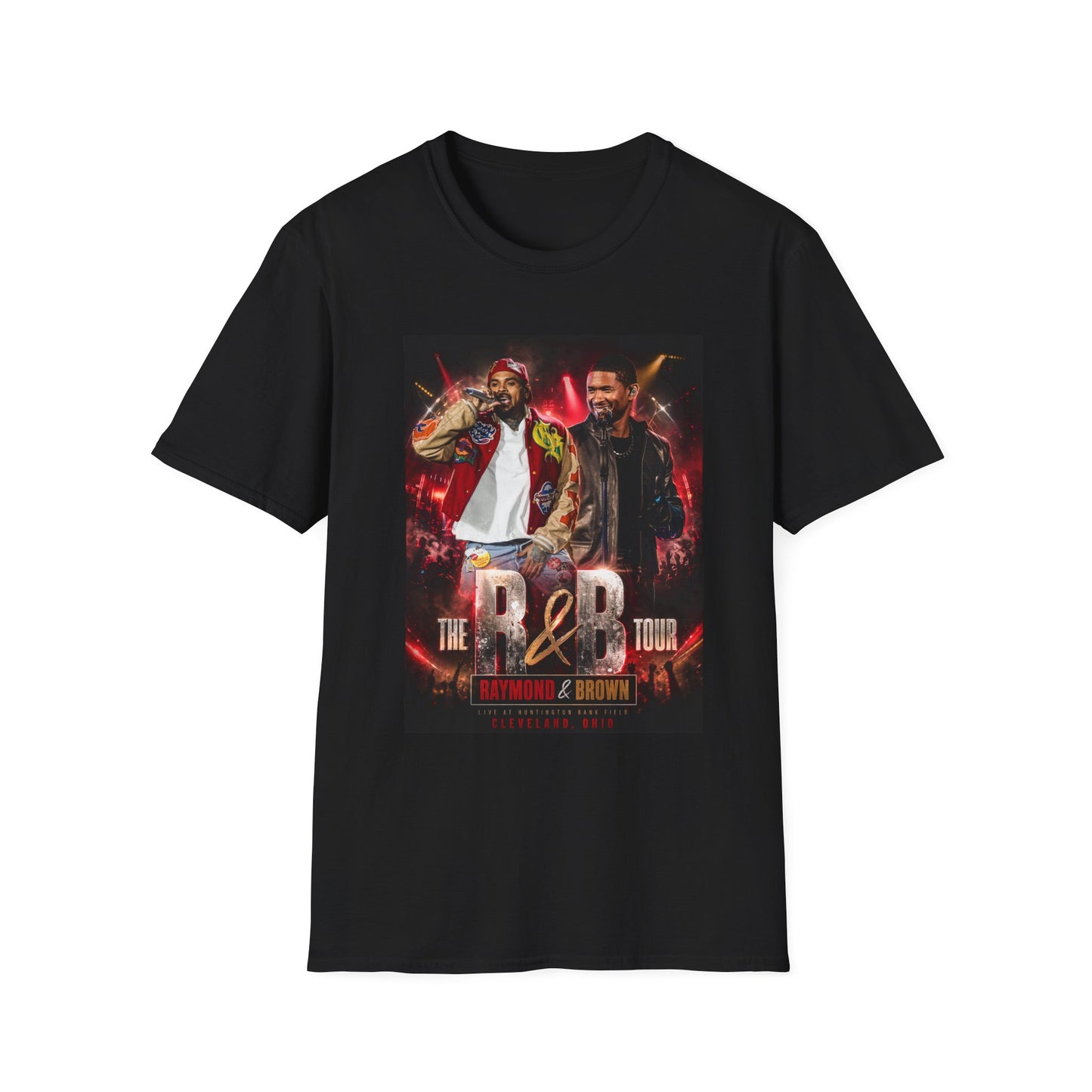 R&B Tour Raymond & Brown Cleveland Ohio concert t-shirt featuring two male R&B performers with neon stage lighting, bold urban streetwear design, and premium fan merch for Cleveland concert attendees