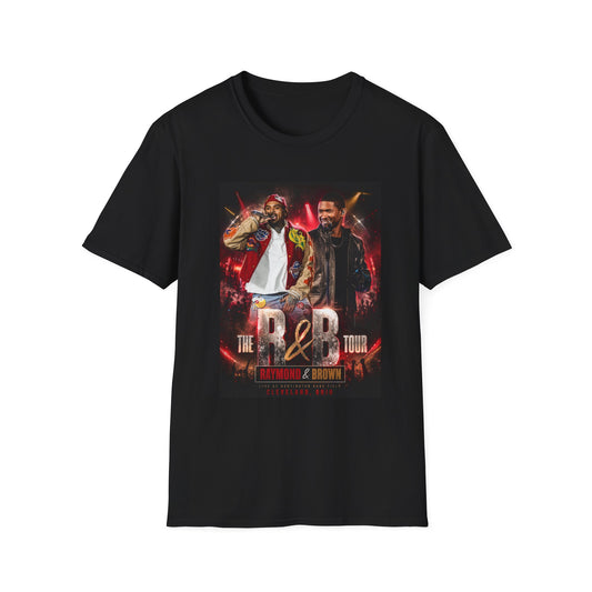R&B Tour Raymond & Brown Cleveland Ohio concert t-shirt featuring two male R&B performers with neon stage lighting, bold urban streetwear design, and premium fan merch for Cleveland concert attendees