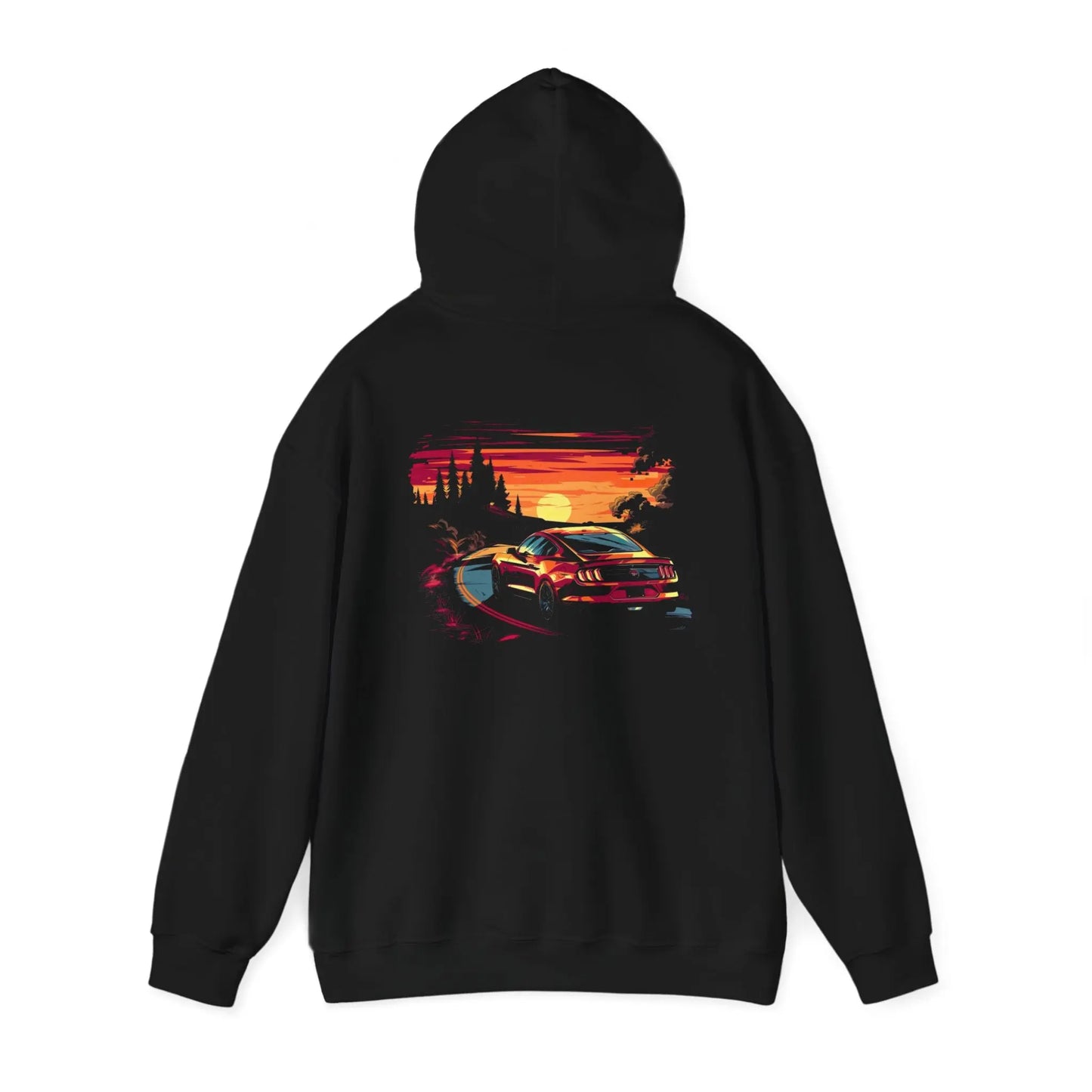 Iconic Ride: Ford Mustang Countryside Road Black Hoodie - Black Threadz