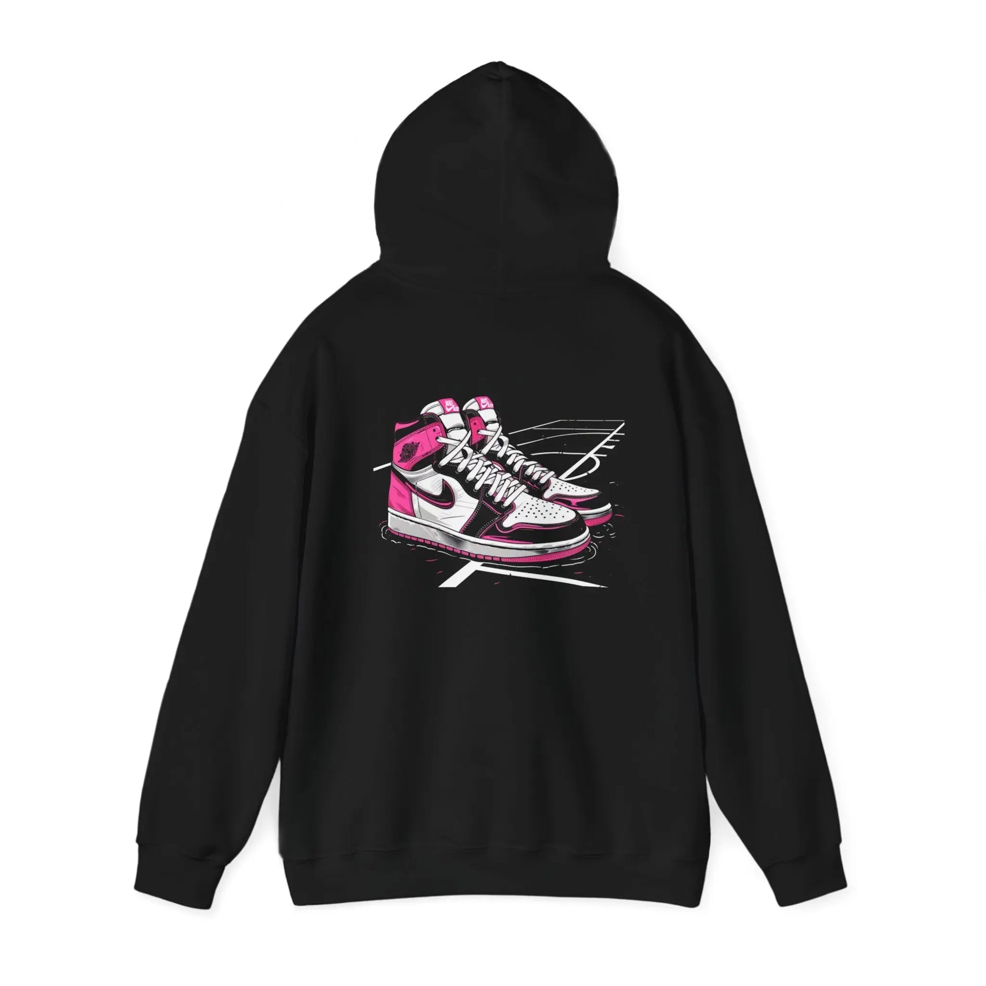 Retro Chic: Pink, Black, and White Air Jordan's on Black Hoodie - AIR Jordan Girl Outfit - Air Jordan Girl Pink - Black Threadz