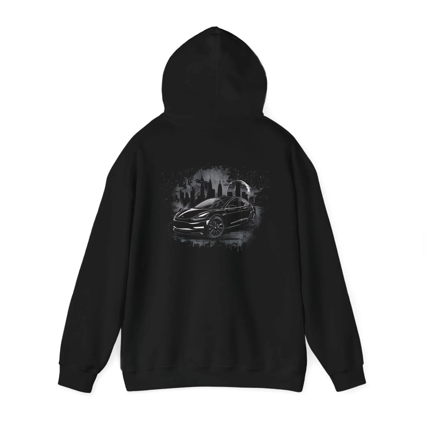 Urban Elegance: Tesla Model 3 Cityscape Black Hoodie - Black Threadz