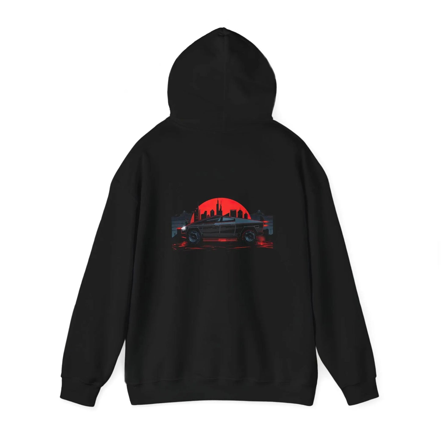 Tesla Cybertruck in Cityscape Black Hoodie: Urban Style Statement! - Black Threadz