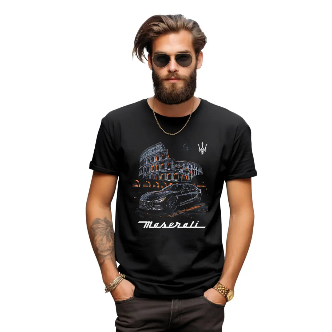 Exquisite Style: Black Maserati Ghibli Colosseum Black T-Shirt - Black Threadz