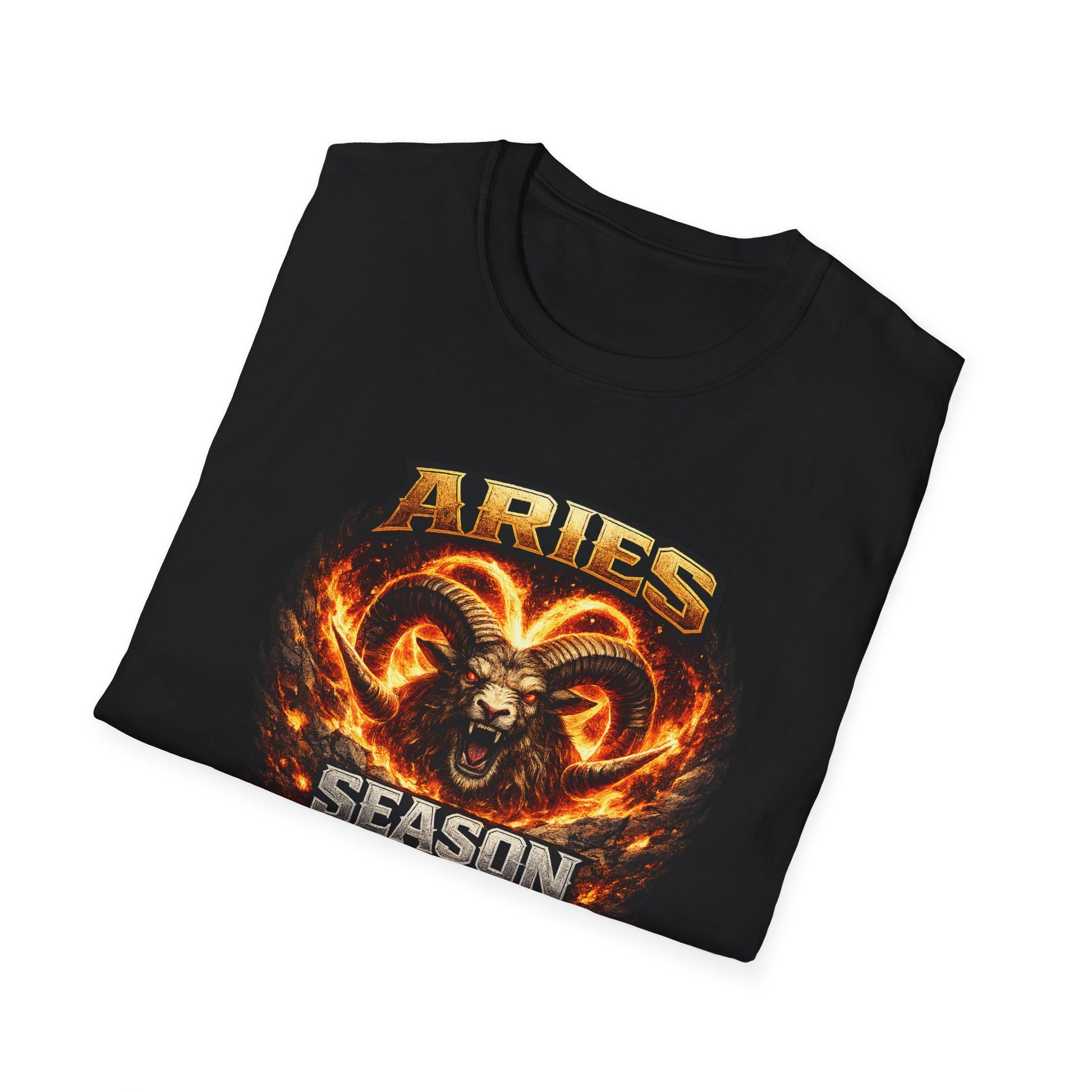 Black t-shirt with Aries zodiac sign design on a white background