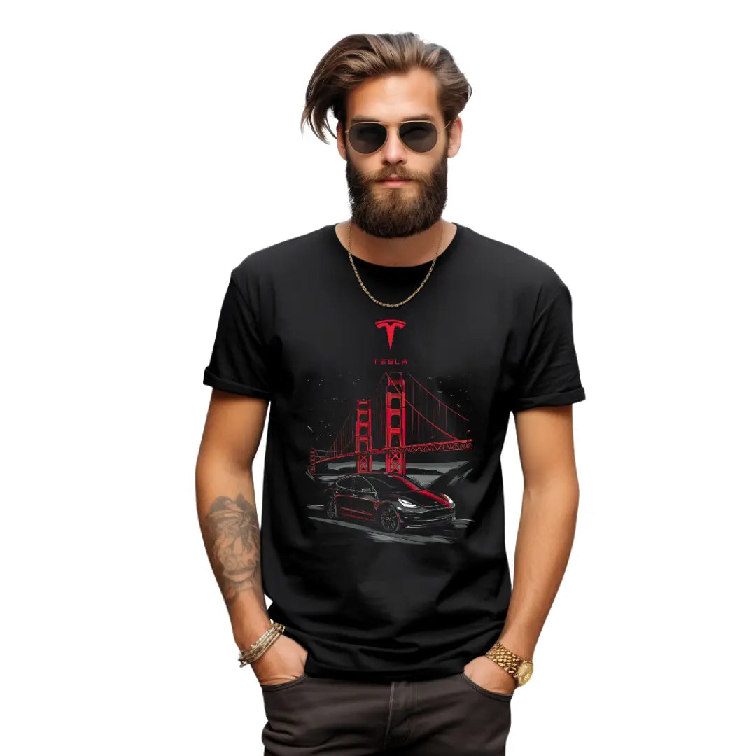 Sleek Style: Black Tesla Model 3 at Golden Gate Bridge Black T-Shirt - Black Threadz