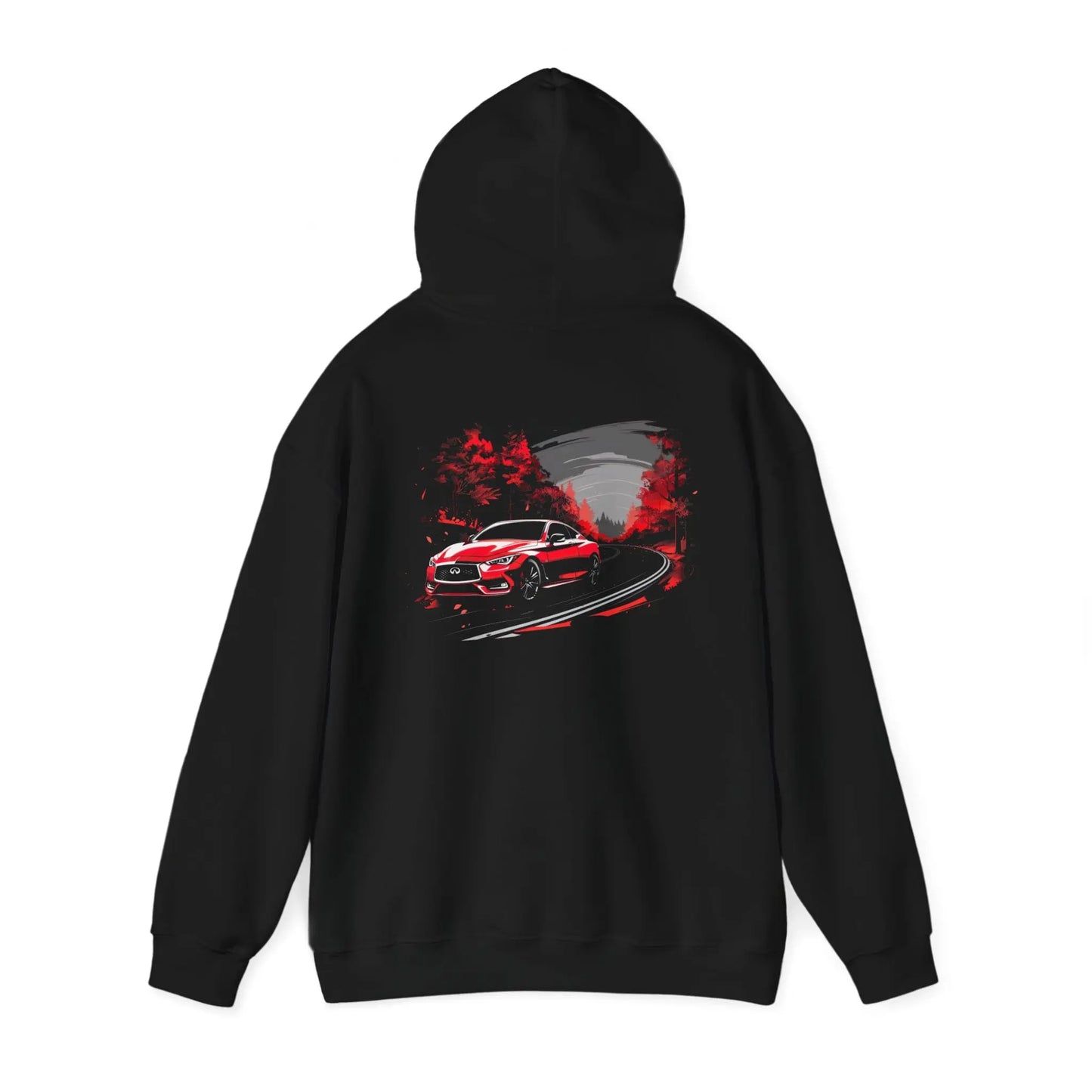 Sleek Sophistication: Red Infiniti Q60 Countryside Drive Black Hoodie - Black Threadz