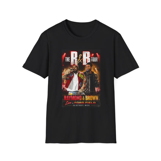 R&B Tour Raymond & Brown Detroit concert t-shirt featuring two male R&B performers with neon stage lighting, bold urban streetwear design, and premium fan merch for Detroit concert attendees