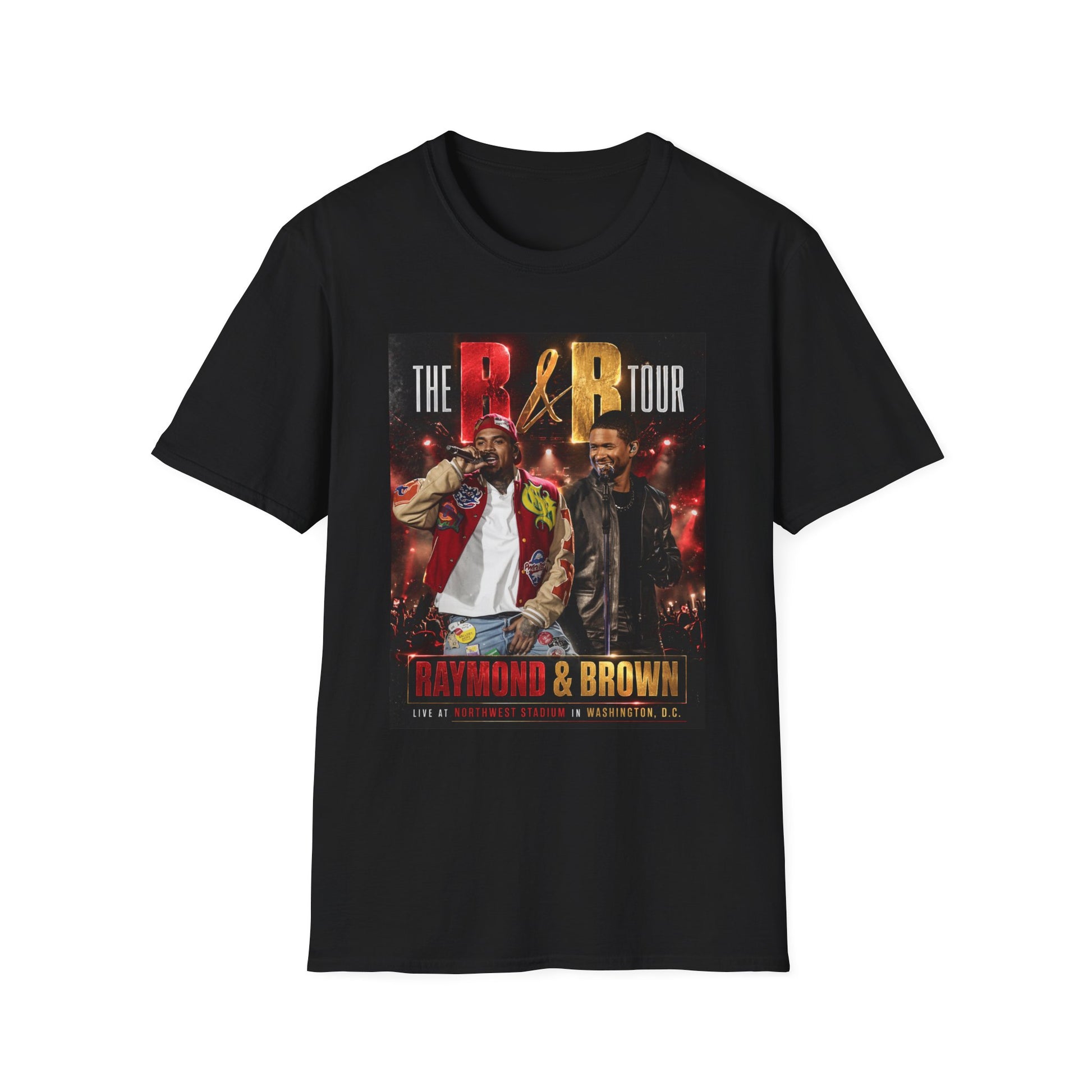 R&B Tour Raymond & Brown Washington DC concert t-shirt featuring two male R&B performers with neon stage lighting, bold urban streetwear design, and premium fan merch for DC concert attendees