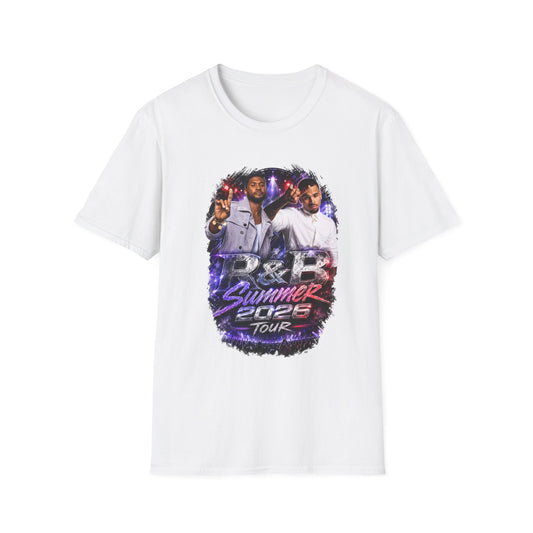 Shop the R&B Tour Raymond & Brown concert t-shirt featuring a bold urban streetwear design with neon stage lighting. Perfect fan merch for concerts, festivals, and everyday style.