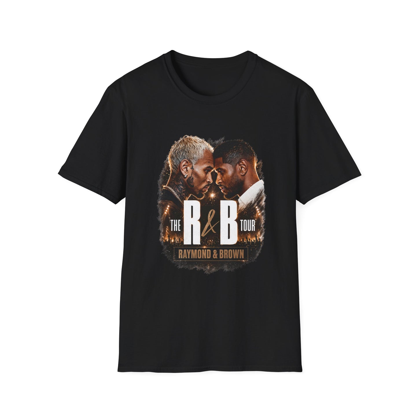 R&B Tour Raymond & Brown concert shirt with modern urban design, bold typography, and neon lighting effects. Ideal for fans looking for stylish concert merch.