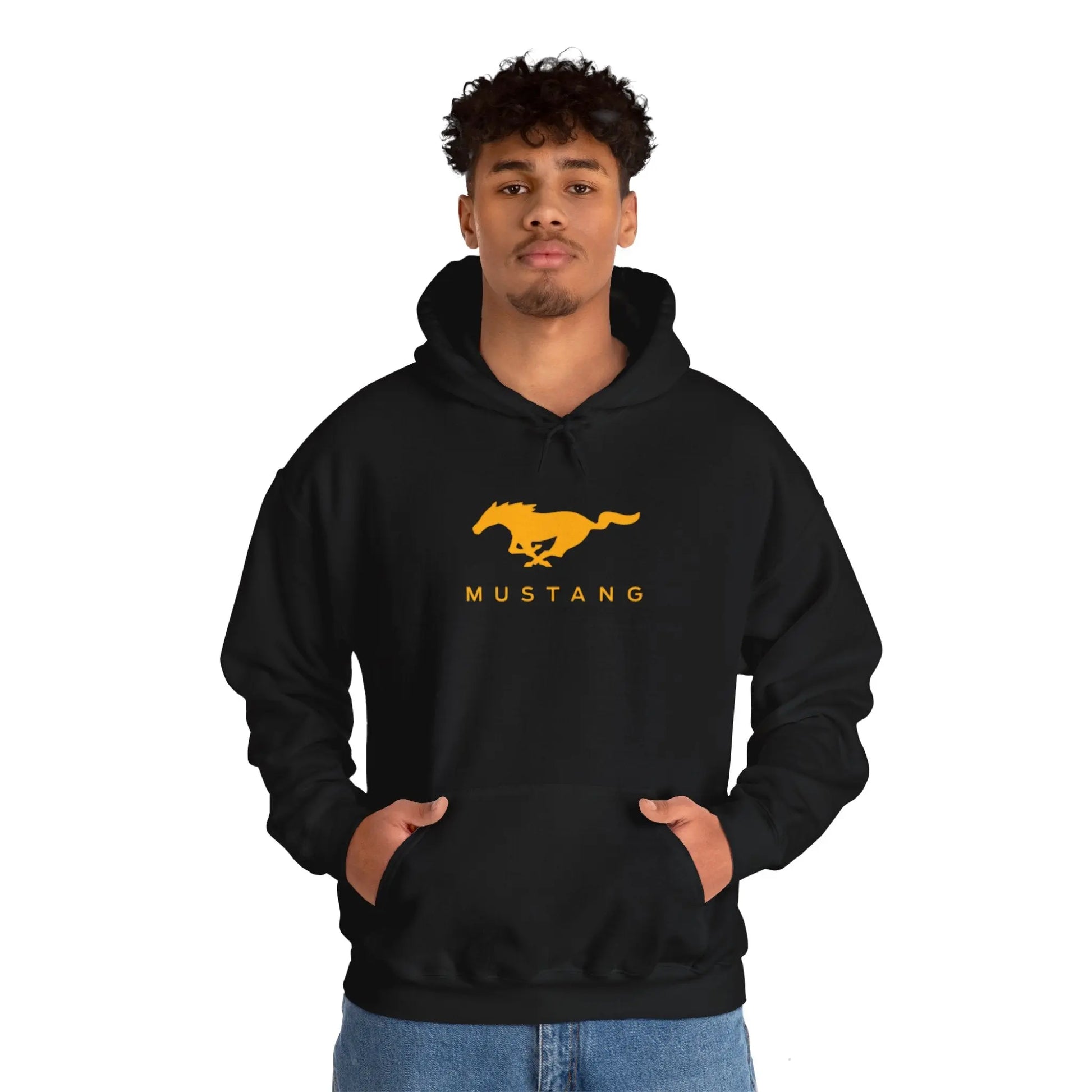 Sleek Style: Yellow Ford Mustang Roadside Black Hoodie - Black Threadz