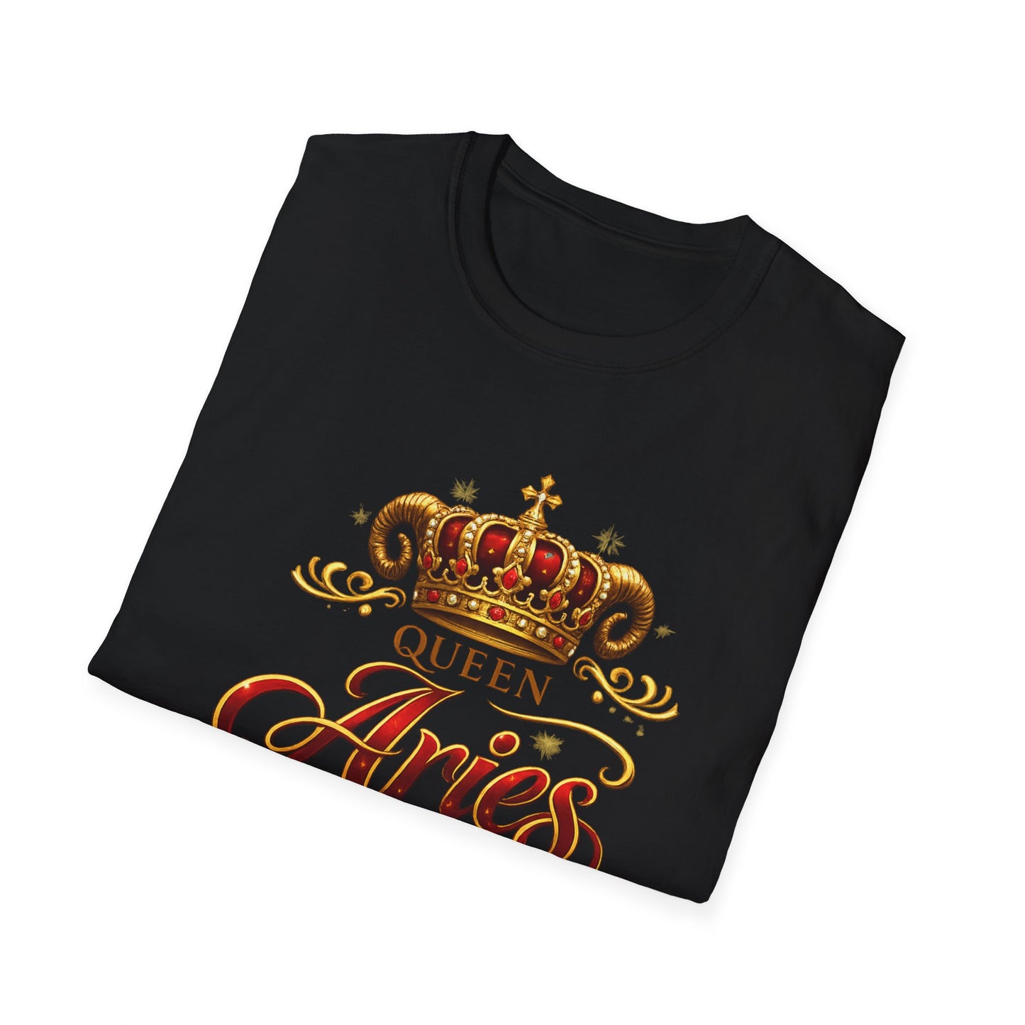 Black t-shirt with 'Queen Aries' design featuring a crown on a white background