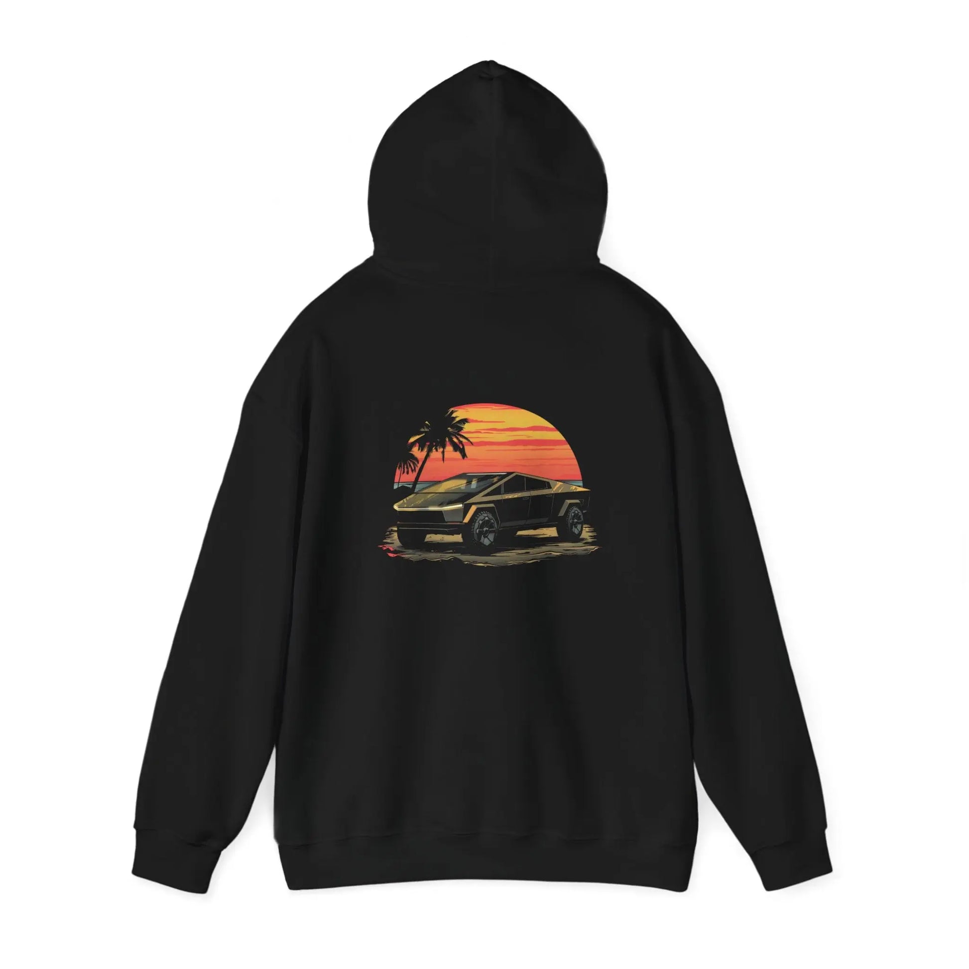 Tesla Cybertruck on a Beach - Black Hoodie for Electric Car Enthusiasts - Black Threadz