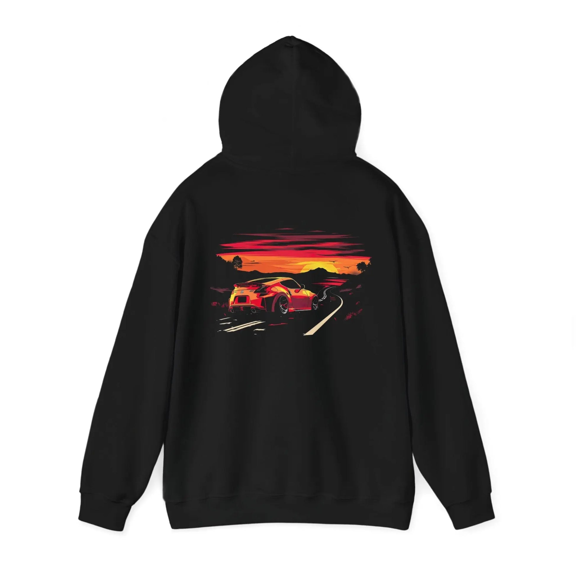 Sleek Sunset Drive: Nissan 370Z Black Hoodie - Black Threadz