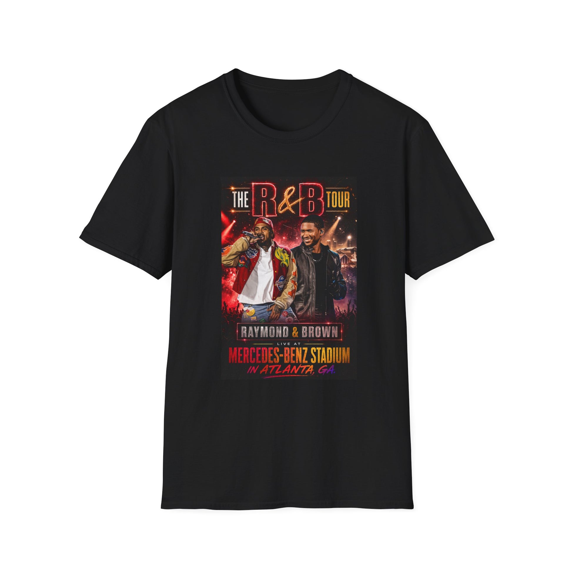 R&B Tour Raymond & Brown Atlanta concert t-shirt featuring two male R&B performers with neon stage lighting, bold urban streetwear design, and premium fan merch for Atlanta concert attendees