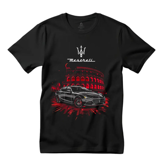 Iconic Fusion: Black Maserati Ghibli at Red Colosseum Black T-Shirt - Black Threadz