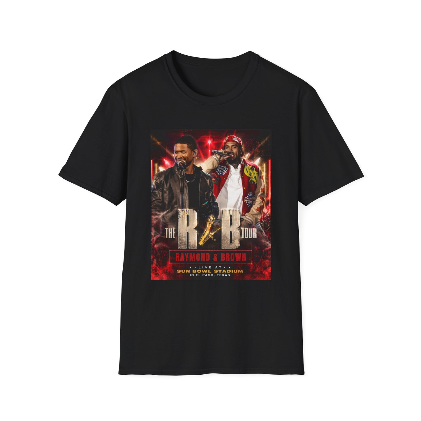R&B Tour Raymond & Brown El Paso concert t-shirt featuring two male R&B performers with neon stage lighting, bold urban streetwear design, and premium fan merch for El Paso concert attendees