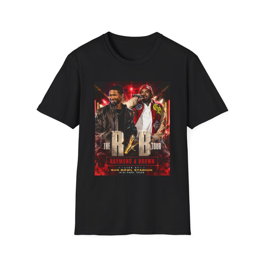 R&B Tour Raymond & Brown El Paso concert t-shirt featuring two male R&B performers with neon stage lighting, bold urban streetwear design, and premium fan merch for El Paso concert attendees