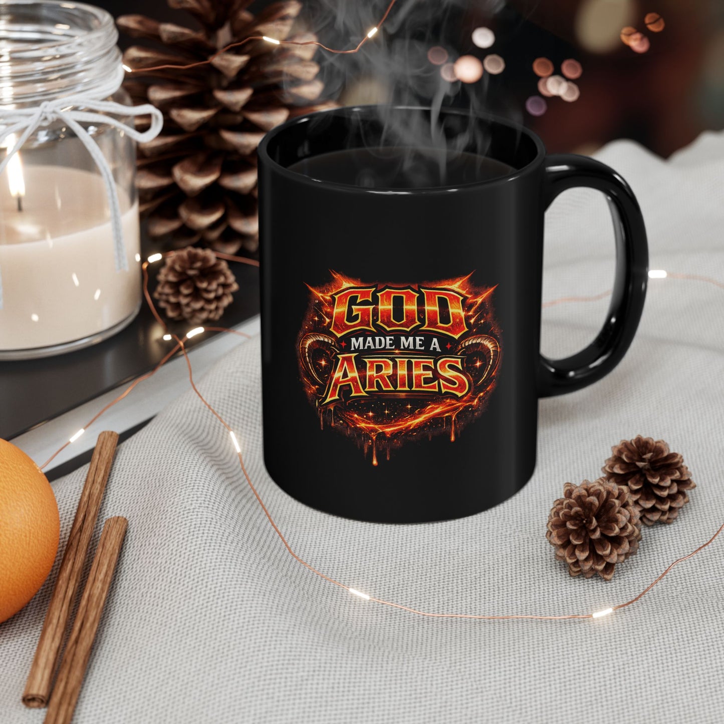 Aries Black Mug – "God Made Me an Aries" Fiery Zodiac Coffee Cup