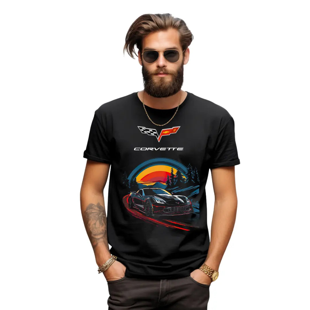 Mountain Sunset Drive: Chevrolet Corvette Black T-Shirt - Black Threadz