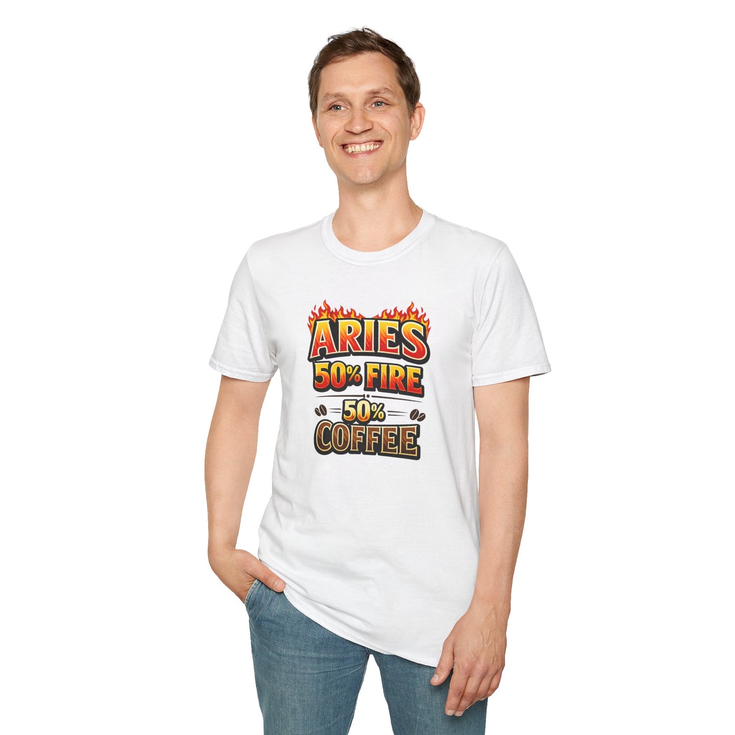 Aries 50% Fire 50% Coffee T-Shirt – Funny Aries Zodiac Coffee Lover Shirt, Astrology Graphic Tee, Aries Birthday Gift for Men & Women