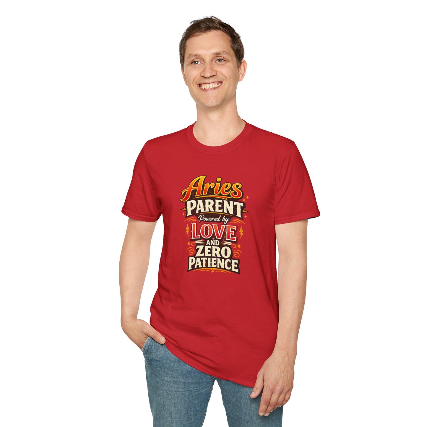 Aries Parent T-Shirt – Powered by Love & Zero Patience Funny Zodiac Mom Dad Tee | Bold Aries Personality Shirt | Astrology Gift
