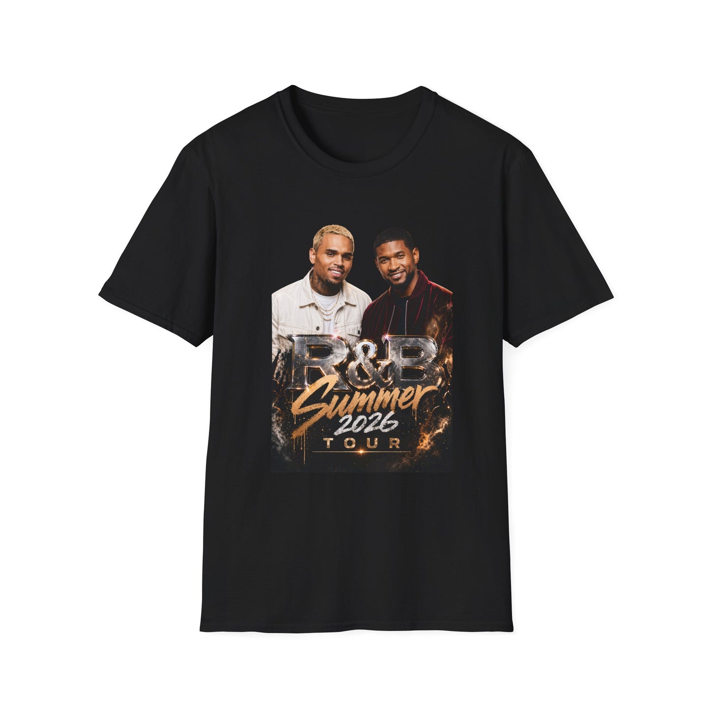 Premium R&B Tour Raymond & Brown concert t-shirt featuring two male R&B performers with neon stage lighting, urban streetwear design, bold “The R&B Tour” typography, perfect fan merch for live music concert outfit