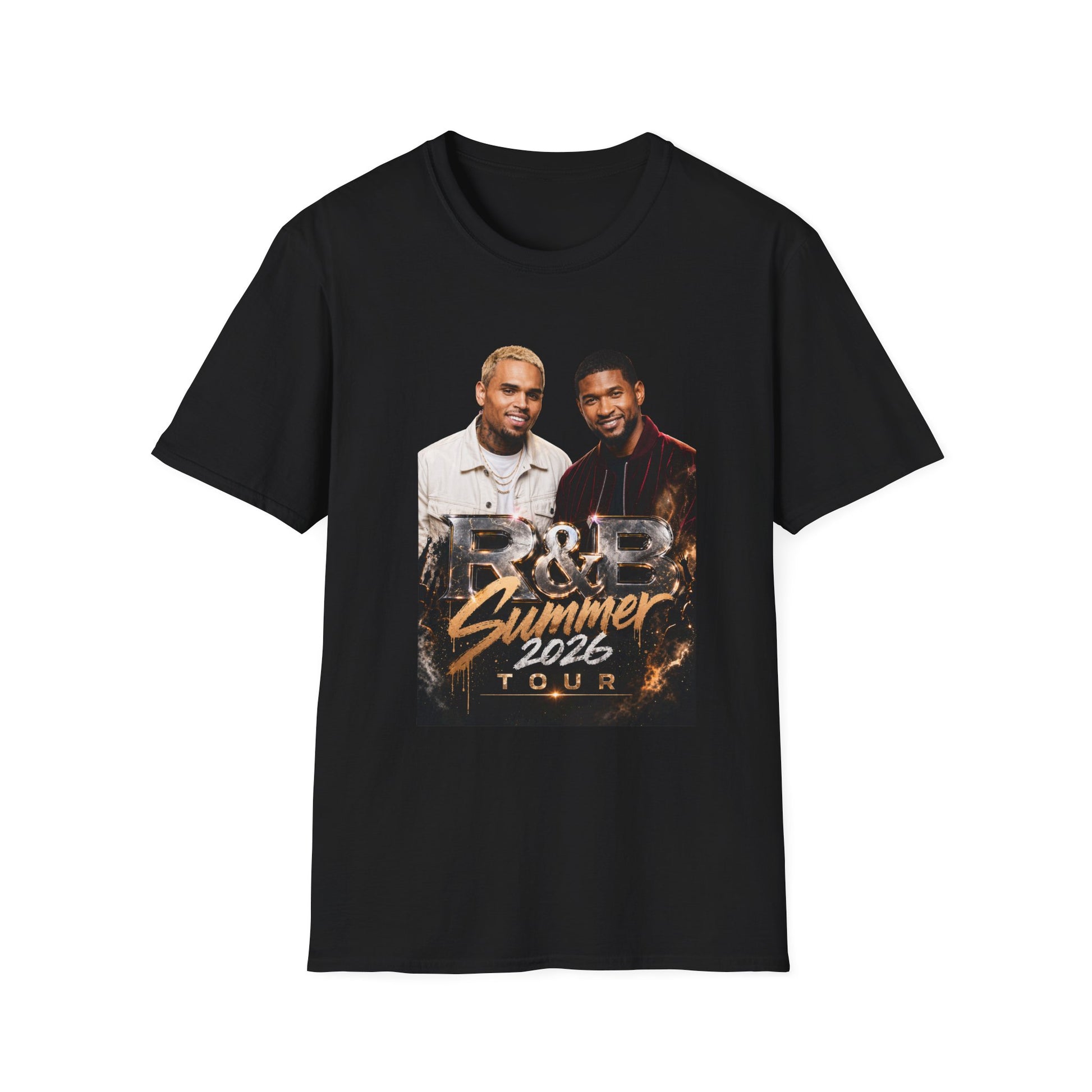 Premium R&B Tour Raymond & Brown concert t-shirt featuring two male R&B performers with neon stage lighting, urban streetwear design, bold “The R&B Tour” typography, perfect fan merch for live music concert outfit