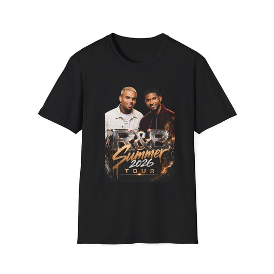 Premium R&B Tour Raymond & Brown concert t-shirt featuring two male R&B performers with neon stage lighting, urban streetwear design, bold “The R&B Tour” typography, perfect fan merch for live music concert outfit
