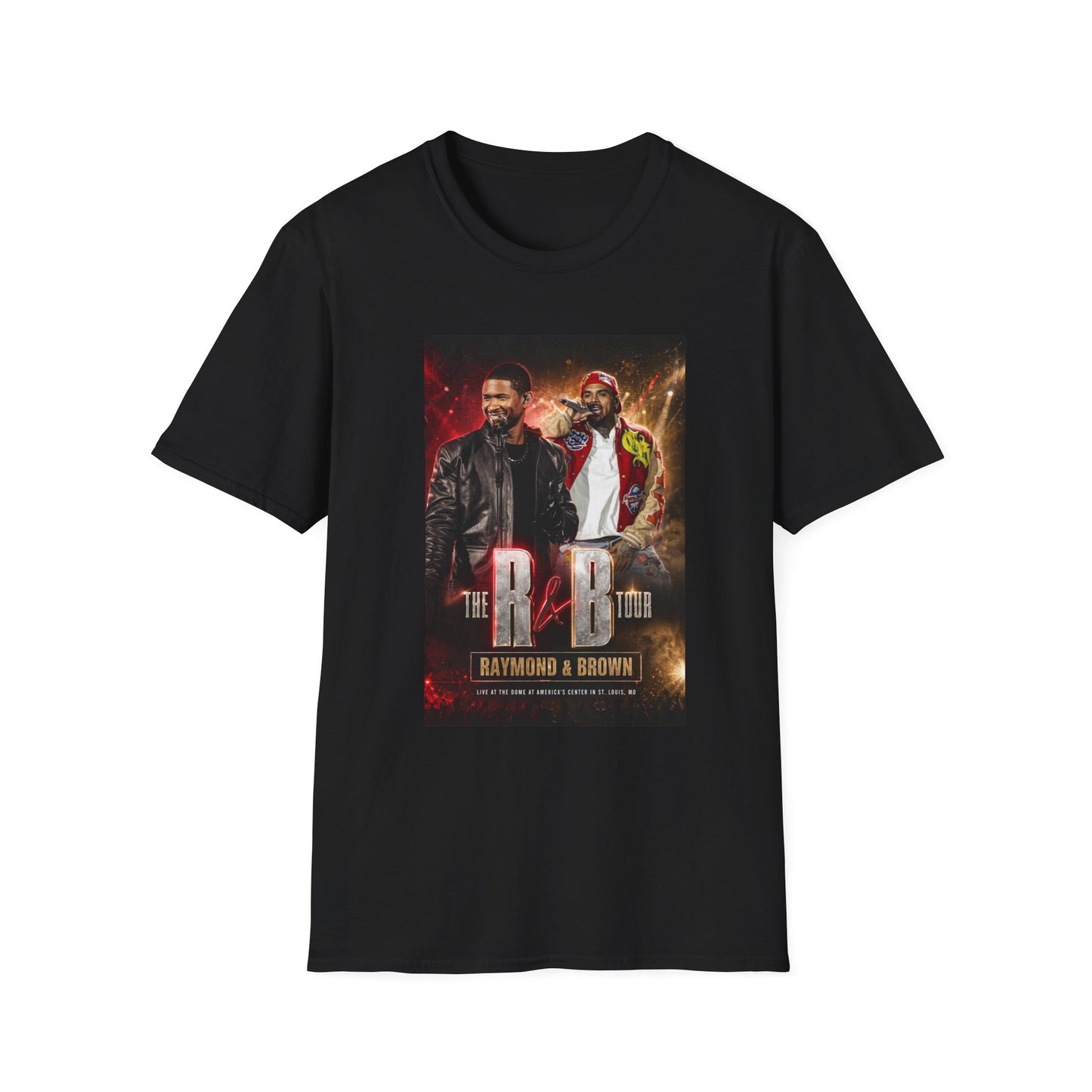 R&B Tour Raymond & Brown St Louis Missouri concert t-shirt featuring two male R&B performers with neon stage lighting, bold urban streetwear design, and premium fan merch for St Louis concert attendees