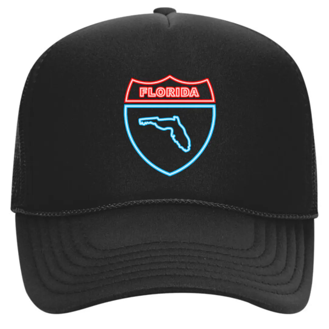 Stylish Black Trucker Hat with Florida Interstate Sign – Premium Mesh Back Cap for Sunshine State Enthusiasts - Black Threadz