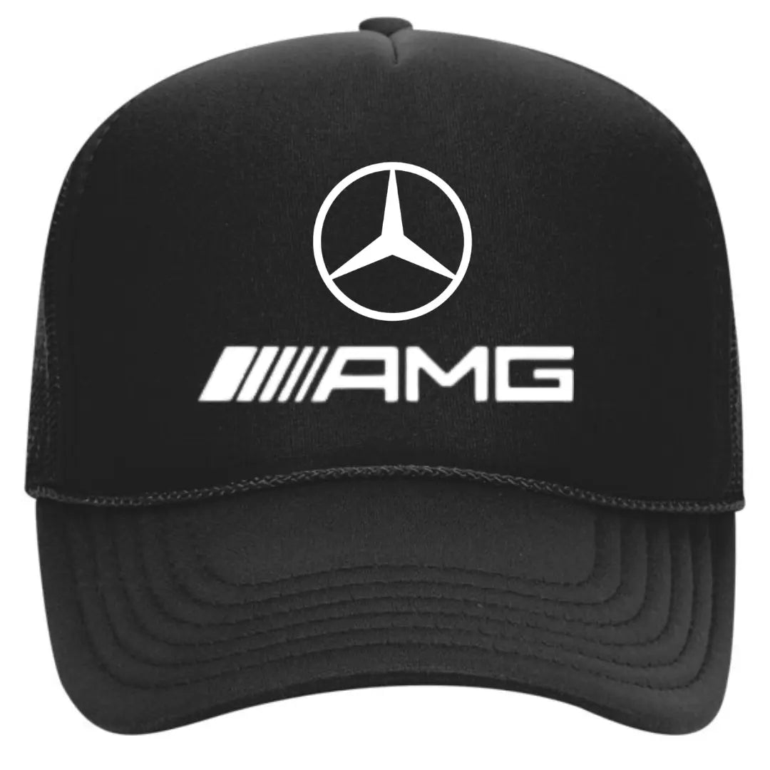 Sleek Black Trucker Hat with Mercedes-Benz AMG Logo – Premium Mesh Back Cap for AMG Enthusiasts - Black Threadz