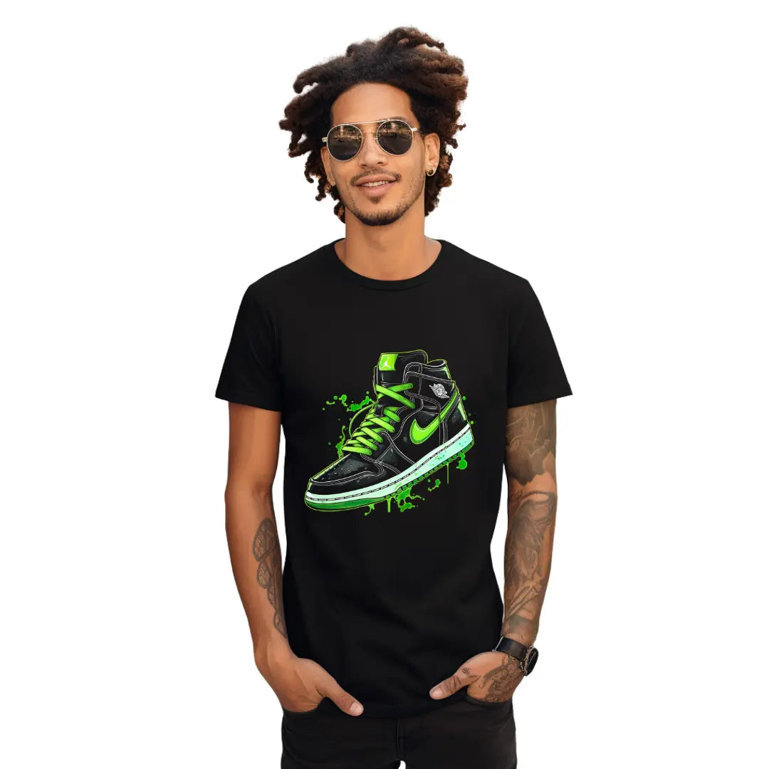 Retro Air Jordan Green & Black Sneaker T-Shirt: Fusion of Style and Sneaker Culture - Black Threadz