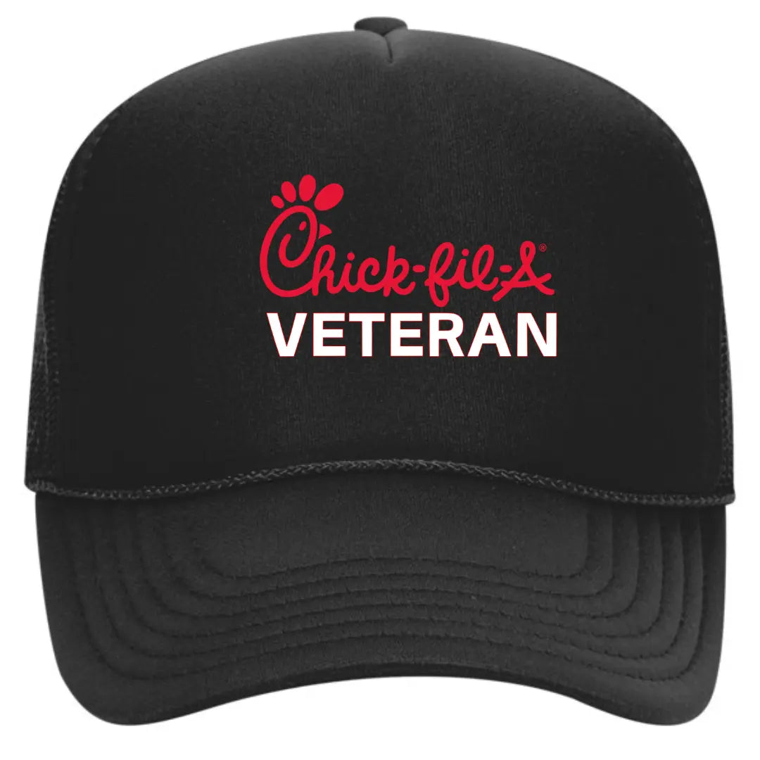 Exclusive Black Trucker Hat with "Chick-fil-A Veteran" – Premium Mesh Back Cap - Black Threadz