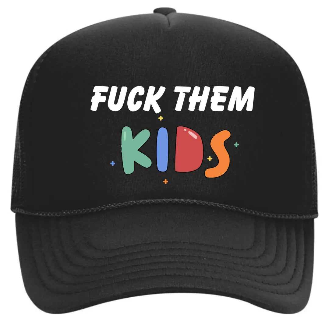 Bold Black Trucker Hat with F Them Kids – Premium Mesh Back Cap for Fun-Loving Adults - Black Threadz