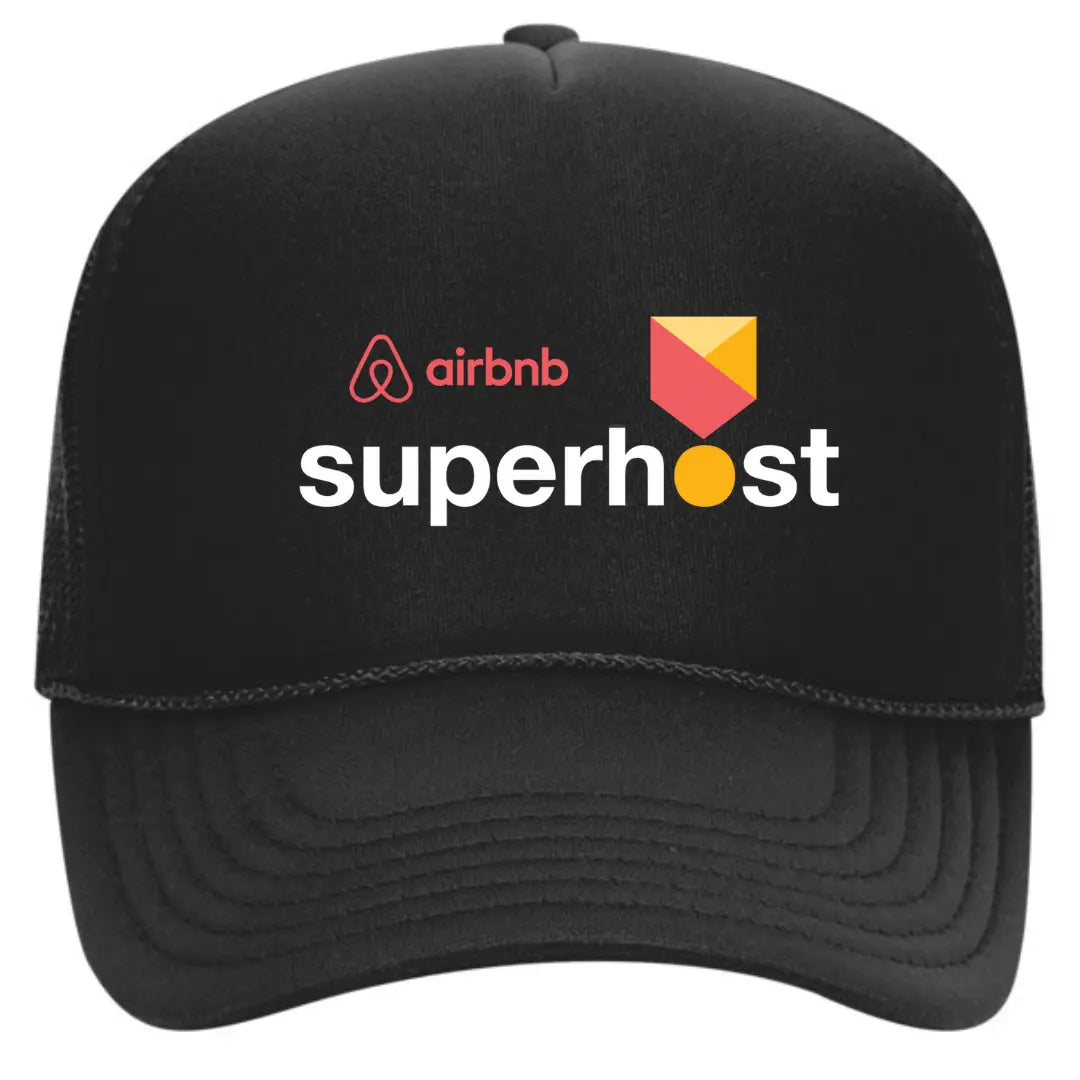 Sleek Black Trucker Hat with Airbnb Superhost Logo – Premium Mesh Back Cap for Airbnb Superhosts - Black Threadz