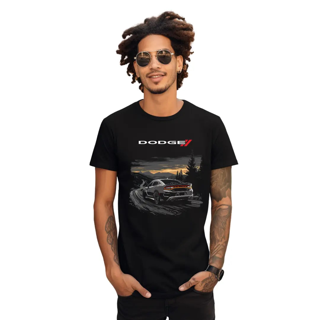 Discover Adventure: Dodge Charger on the Countryside Black T-Shirt - Black Threadz